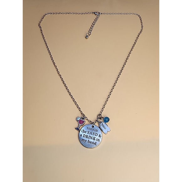 Toes In The Sand & a Drink My Hand' Charm Necklace Blue Crystal Martini Beach - Picture 2 of 5